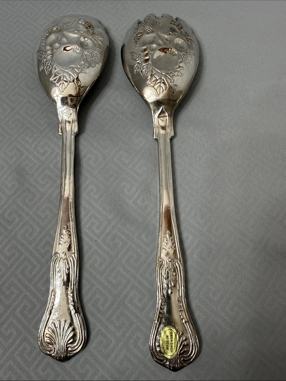 Vtg Ornate Silver Plate Salad Serving Utensils Fruit Motif Made in Hong Kong